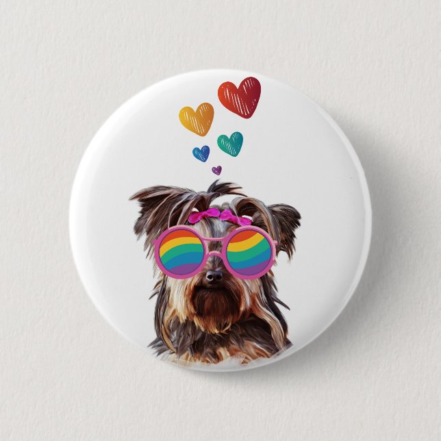 Yorkie Dog with Hearts Valentine's Day Button (Front)