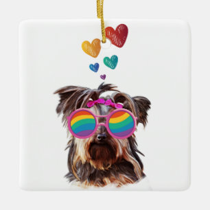 Yorkie Dog with Hearts Valentine's Day Ceramic Ornament