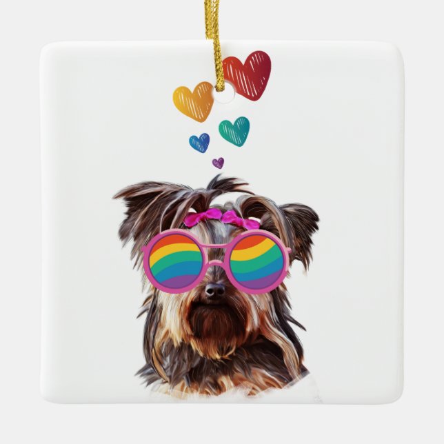 Yorkie Dog with Hearts Valentine's Day Ceramic Ornament (Front)