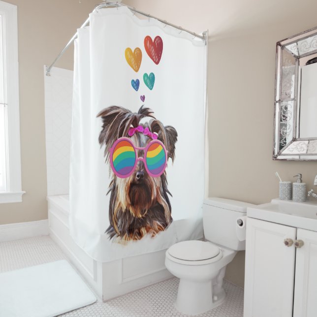 Yorkie Dog with Hearts Valentine's Day Shower Curtain (In Situ)