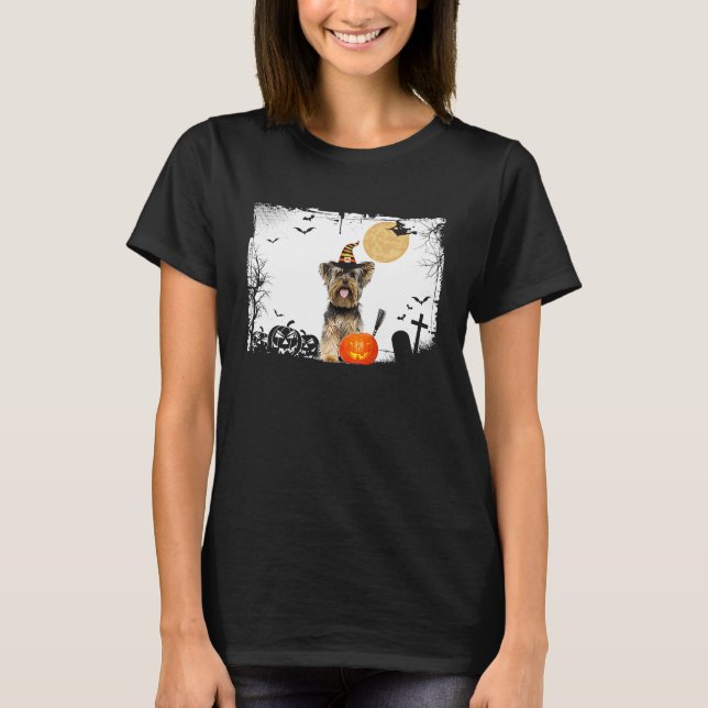 Yorkie Dog With Pumpkin Halloween Costume Breed T-Shirt (Front)