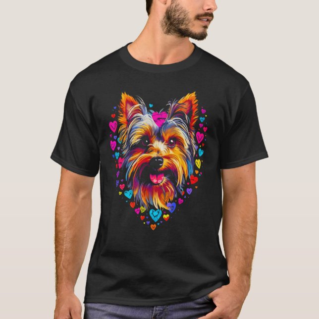 Yorkie Dog Yorkshire Terrier Pink Red Heart Love T-Shirt (Front)