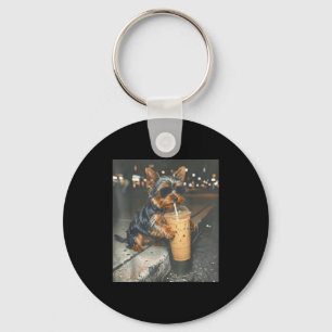 Yorkie drinking iced coffee funny animal meme dog keychain