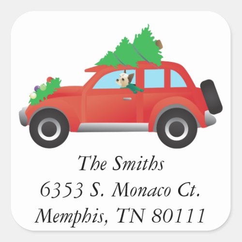 Yorkie Driving a Christmas Car with a tree on top Square Sticker