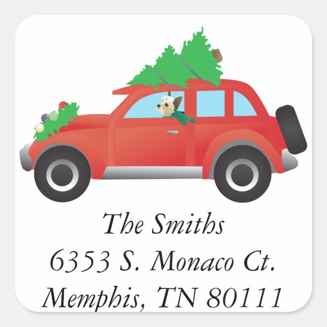 Yorkie Driving a Christmas Car with a tree on top Square Sticker (Front)