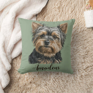 Yorkie Illustration Dog Green Home Decor  Throw Pillow