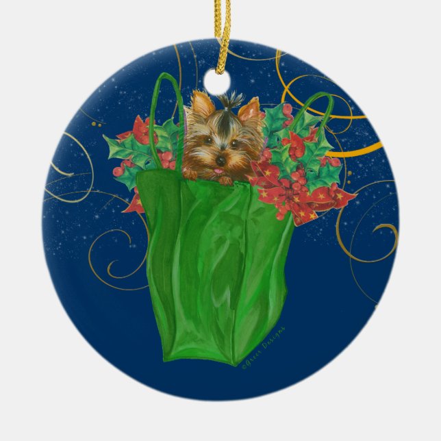 Yorkie in a Christmas Bag Ceramic Ornament (Front)