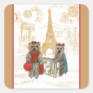 Yorkie in Paris & Eiffel Tower Square Sticker