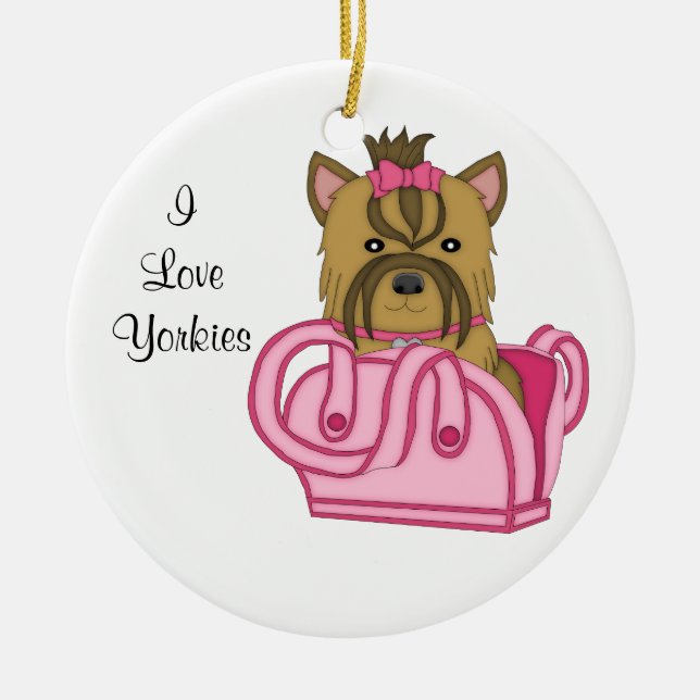 Yorkie in Purse Christmas Ornament (Front)