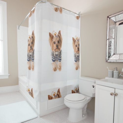 yorkie_in sweater shower curtain