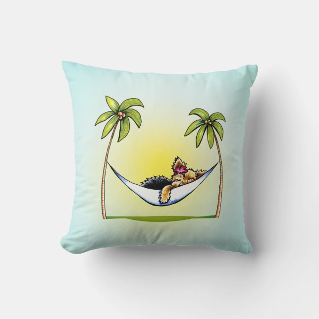 Yorkie Island Princess Off-Leash Art™ Throw Pillow (Front)