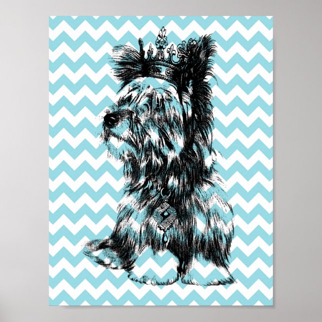 Yorkie Jewels Crown Puppy Dog Blue White Chevron Poster (Front)