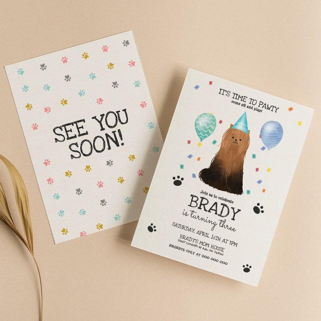 Yorkie Lets Pawty Dog Puppy Birthday Blue Invitation (Creator Uploaded)