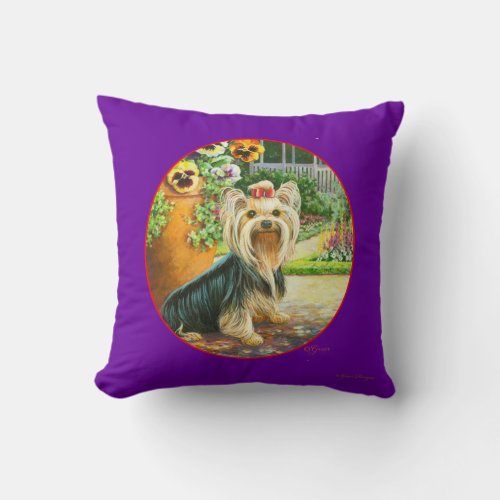 Yorkie Pansy Garden Throw Pillow