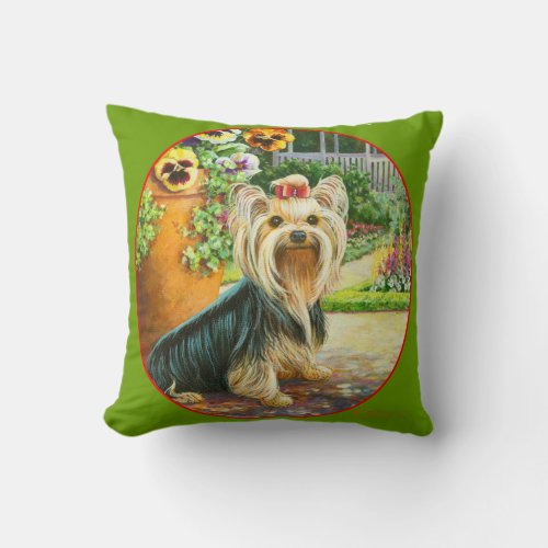 Yorkie Pansy Garden Throw Pillow