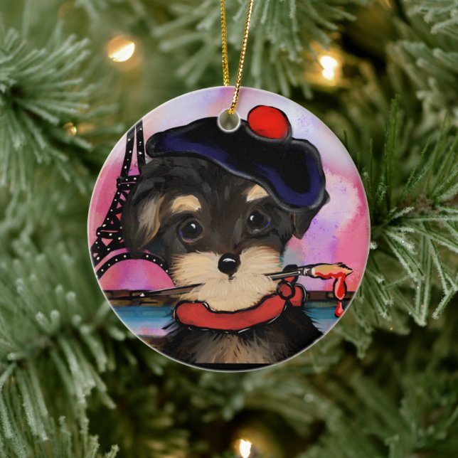 YORKIE POO ARTIST IN PARIS     CERAMIC ORNAMENT (Tree)