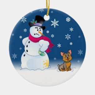 Yorkie puppy and Snowman Ceramic Ornament