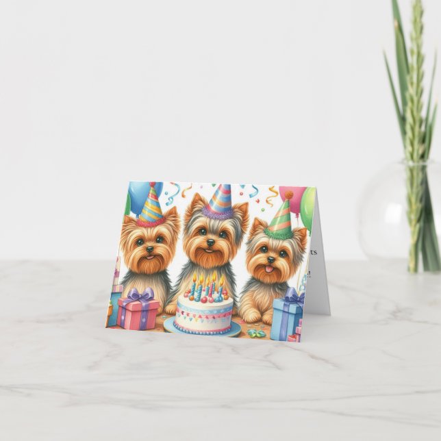 Yorkie Puppy Birthday Card with Party Hats (Front)