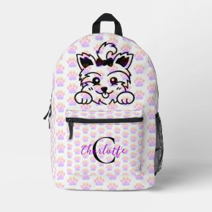 Yorkie Puppy Dog Colorful Paw Prints Monogram Printed Backpack