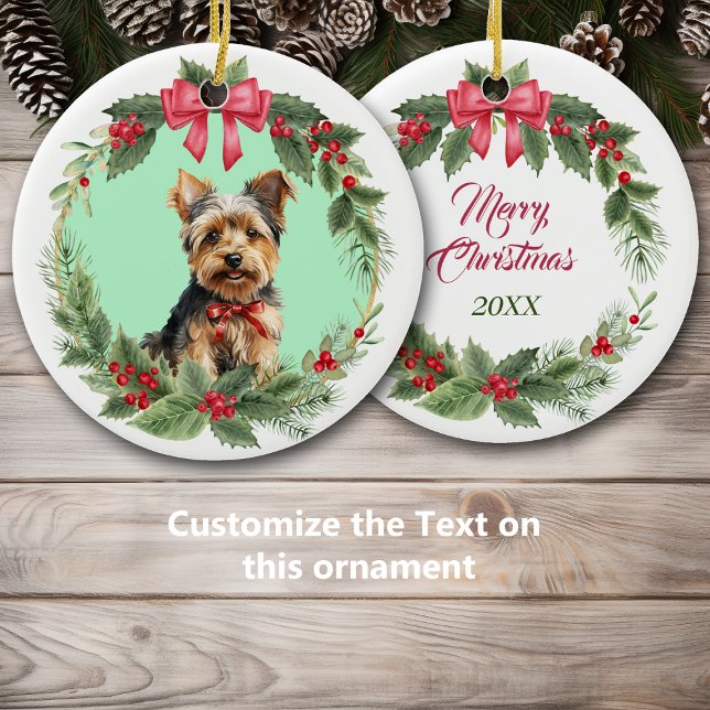 Yorkie Puppy Dog Red Bow Holly Wreath Ceramic Ornament (Creator Uploaded)