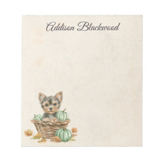 Yorkie Puppy Fall Leaves and Pumpkins Personalized Notepad