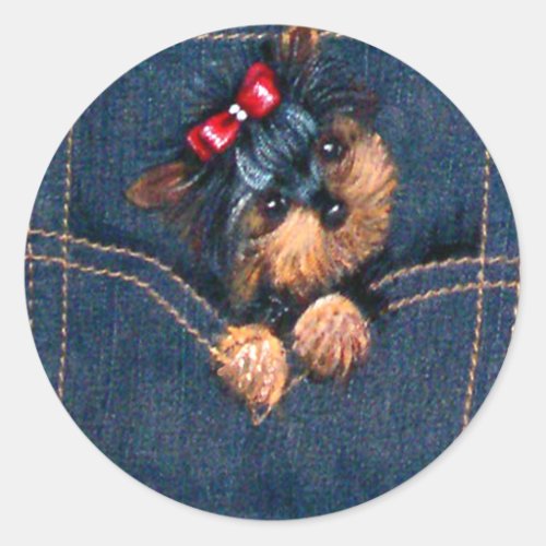 Yorkie Puppy in Pocket Classic Round Sticker