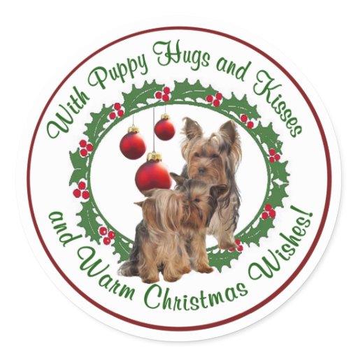 Yorkie Puppy Puppy Hugs & Kisses Christmas Wishes Classic Round Sticker ...