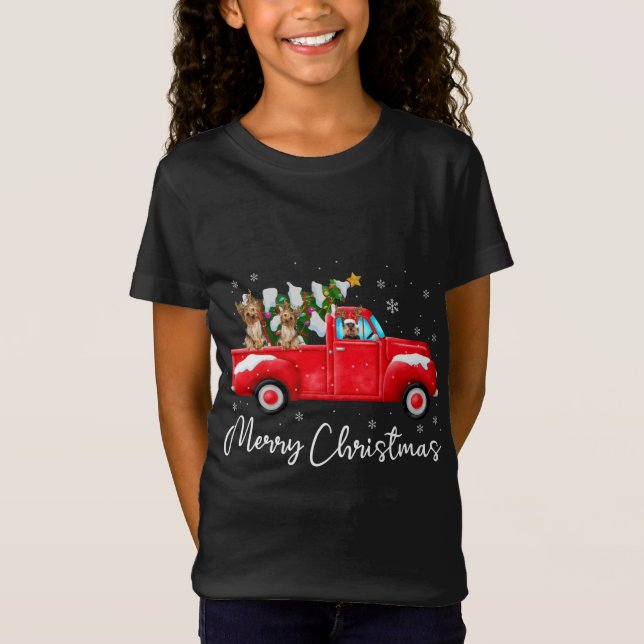 Yorkie Red Truck Christmas Santa Hat Dog Xmas T-Shirt (Front)