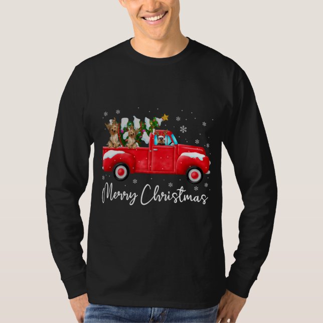 Yorkie Red Truck Christmas Santa Hat Dog Xmas T-Shirt (Front)