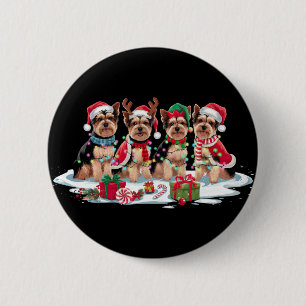 Yorkie Santa hat antlers elf Christmas lights Button