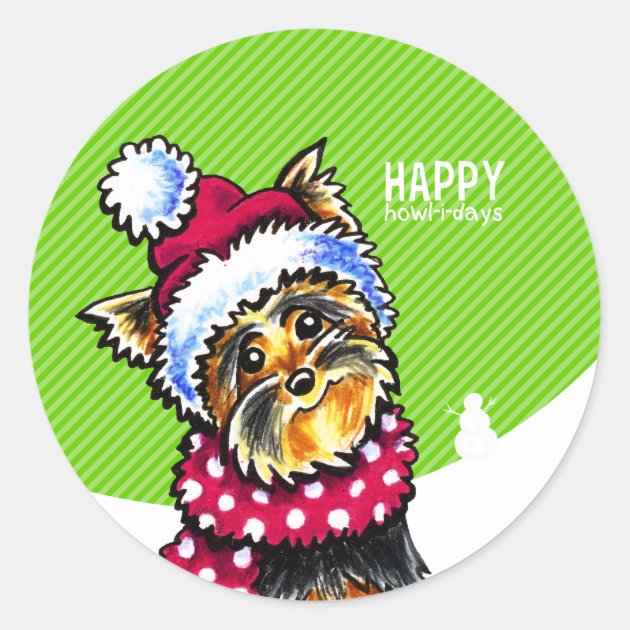 Yorkie Scarf Christmas Happy Howl-i-days Classic Round Sticker