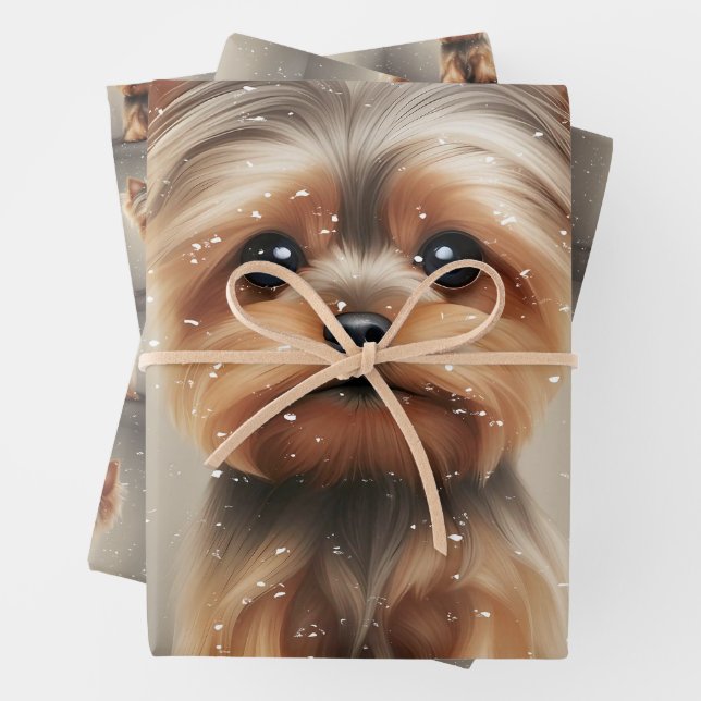 Yorkie Snowy Moment Christmas Cute Wrapping Paper Sheets (In situ)