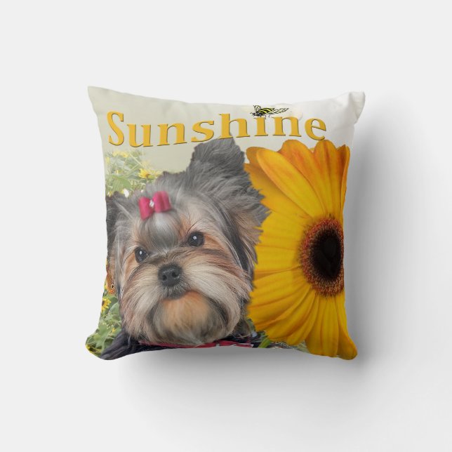 Yorkie Sunflowers And Bumble Bees By PetVenturesUS Throw Pillow (Front)