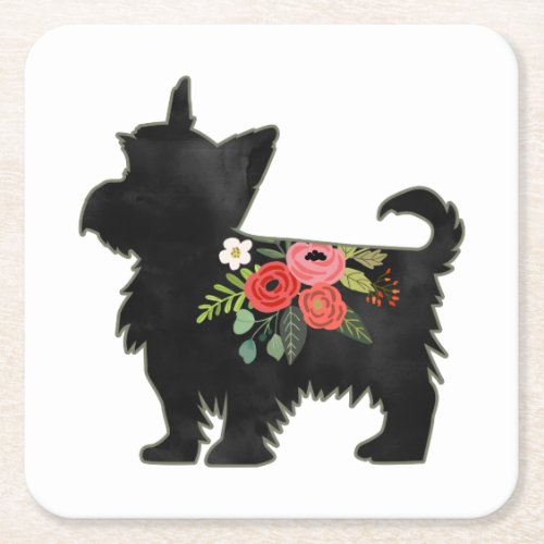 Yorkie Terrier Dog Breed Boho Floral Silhouette Square Paper Coaster