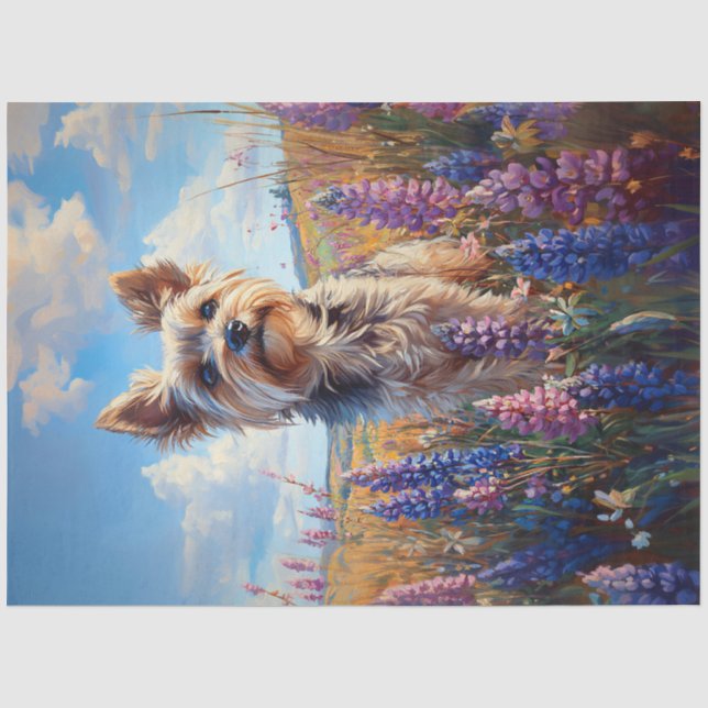Yorkie Terrier Purple Lupine Flowers Decoupage Tissue Paper (Front)