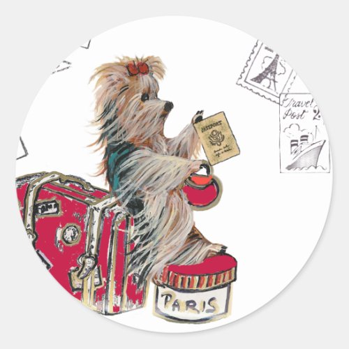 Yorkie Travelling Paris Classic Round Sticker