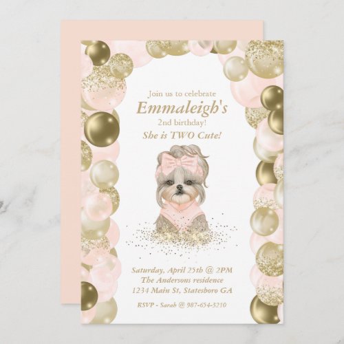Yorkie Two Cute Rose Gold Balloon Birthday Party Invitation