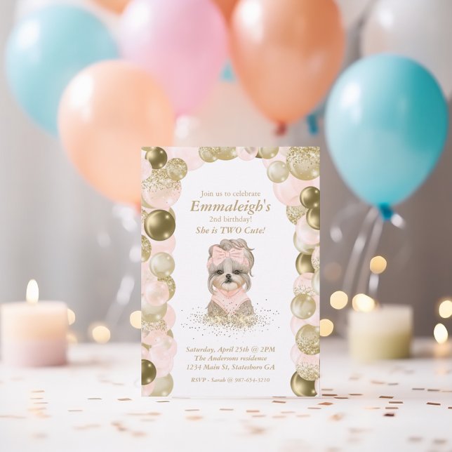 Yorkie Two Cute Rose Gold Balloon Birthday Party Invitation (Creator Uploaded)