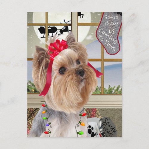 Yorkie Watches For Santa Holiday Postcard