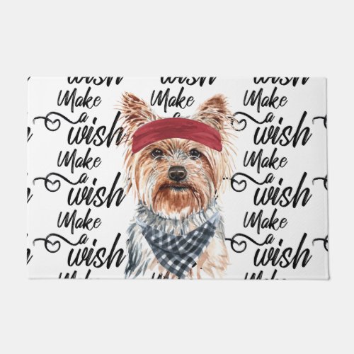Yorkie wearing bandana scarf make a wish funny art doormat