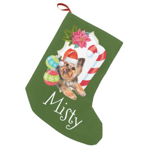 Yorkie wearing hat candy cane decorations small christmas stocking