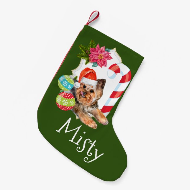 Yorkie wearing hat candy cane decorations small christmas stocking (Front (Hanging))