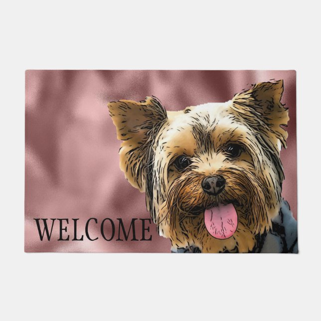 Yorkie Welcome Cute Dog Pet Yorkshire Terrier Rose Doormat (Front)