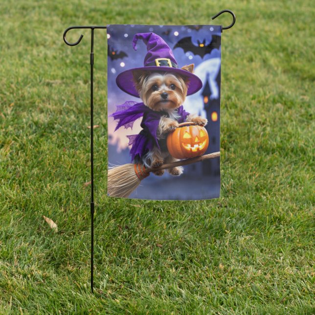 Yorkie Witch on Broomstick Halloween Garden Flag (In SItu)
