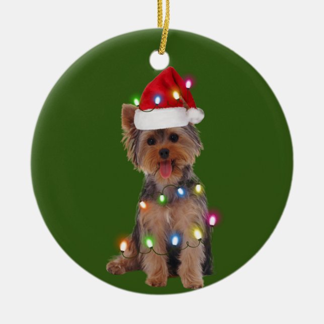 Yorkie With Christmas Scafts Santa Hat Gift Ceramic Ornament (Front)