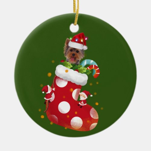 Yorkie With Hat Sock Christmas Ceramic Ornament