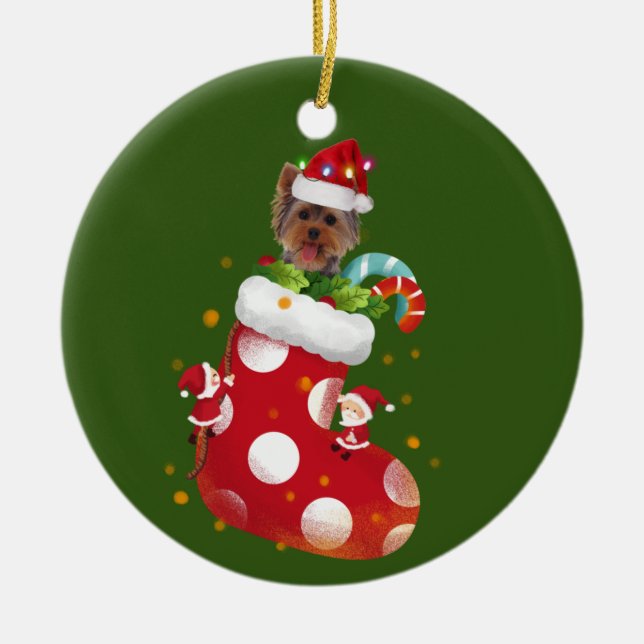 Yorkie With Hat Sock Christmas Ceramic Ornament (Front)