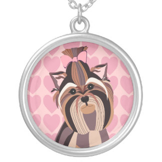 Yorkie with Pink Hearts Background Necklace
