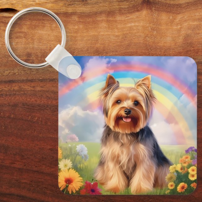 Yorkie Yorkshire Terrier Rainbow Bridge Memorial Keychain (Front)