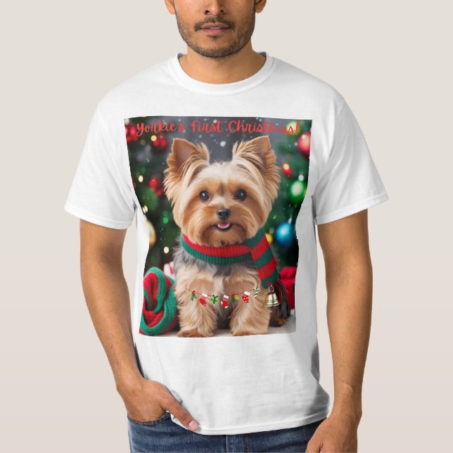 Yorkie's First Christmas! T-Shirt (Front)